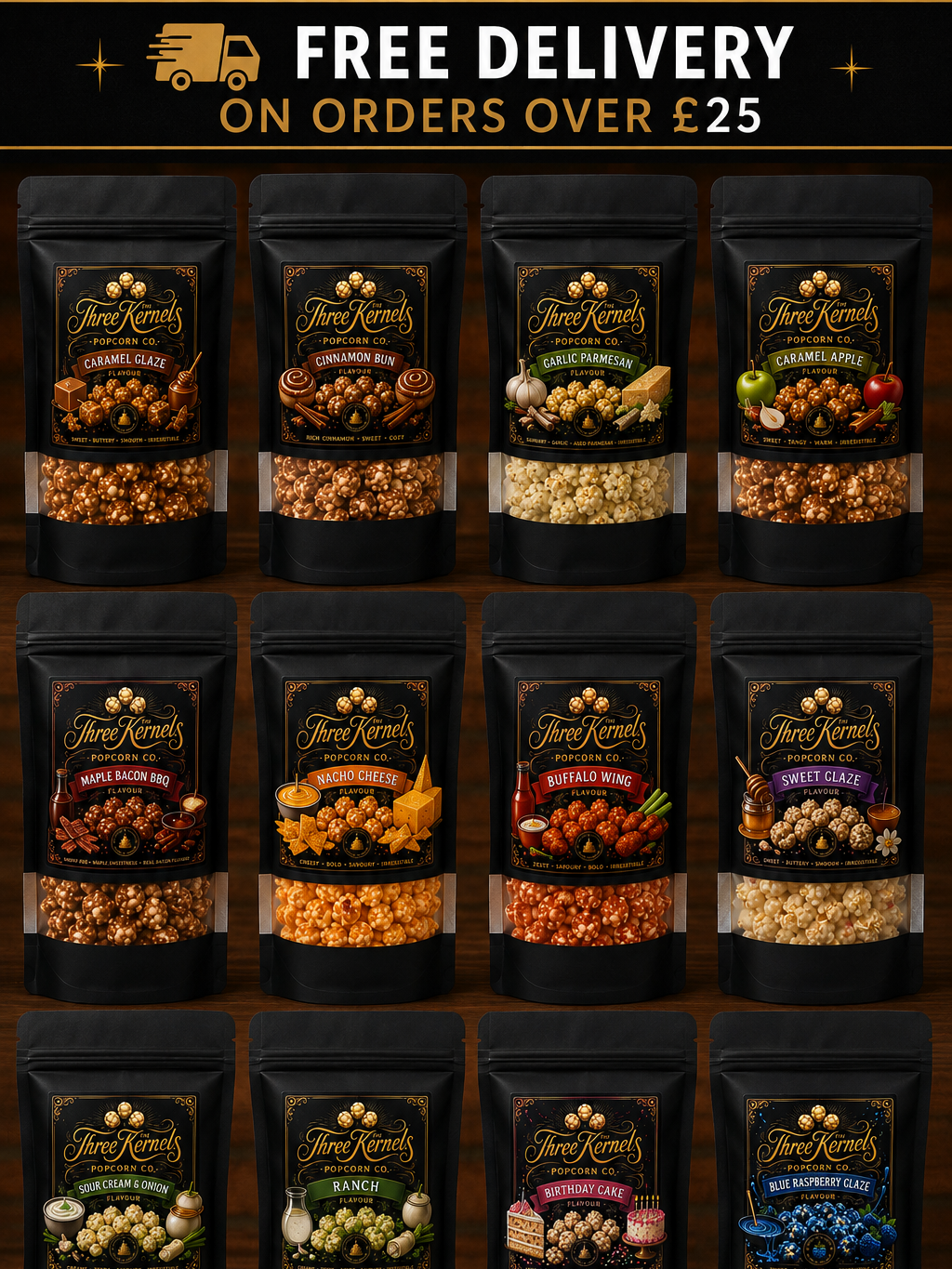 Gourmet popcorn flavour selection Selection of The Three Kernels Popcorn Co gourmet popcorn flavours
